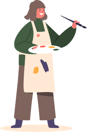 Little Girl In Apron Painting With Paints And Paintbrush  Illustration