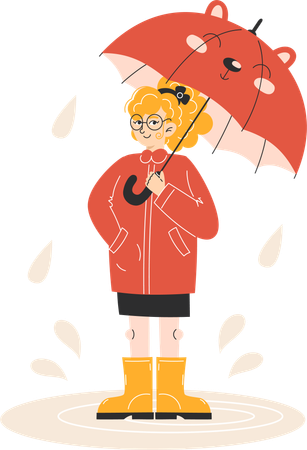 Little Girl in Autumn Coat and Yellow Rain Boots Standing in Puddle  Illustration