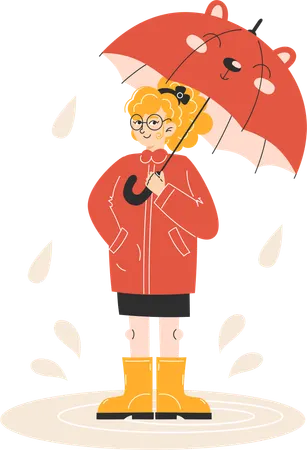 Little Girl in Autumn Coat and Yellow Rain Boots Standing in Puddle  Illustration