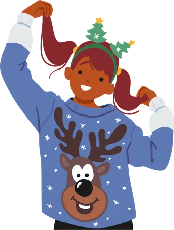 Little Girl In A Cozy Christmas Sweater Adorned With Funny Reindeer Head Smiles With Twinkling Eyes Radiating Festive Cheer In The Heartwarming Holiday Season Cartoon People Vector Illustration Illustration