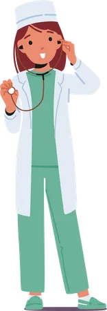 Kid Playing In Doctor Girl Character In Laboratory Gown With Stethoscope Medical Practitioner Nurse Or Caregiver Profession Child Future Career Occupation Cartoon People Vector Illustration Illustration