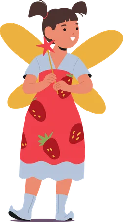 Little Girl In Fairy Costume Garden Pixie Character With Delicate Wings And Gown Adorned With Strawberries Her Face Lit With Wonder And Magic As She Wields A Wand Cartoon People Vector Illustration イラスト