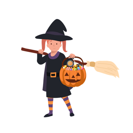 Little girl in halloween costumes as witch Illustration