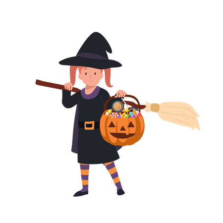 Little girl in halloween costumes as witch  Illustration