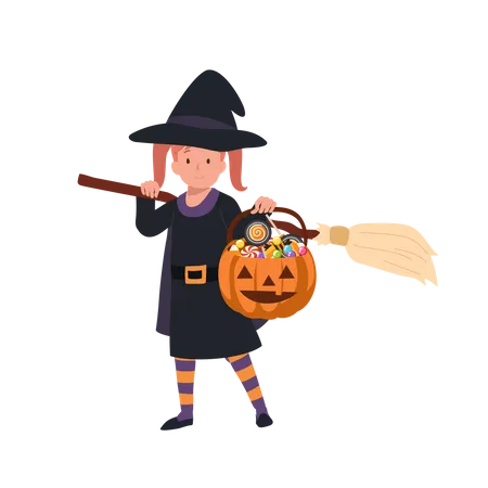 Little girl in halloween costumes as witch  Illustration