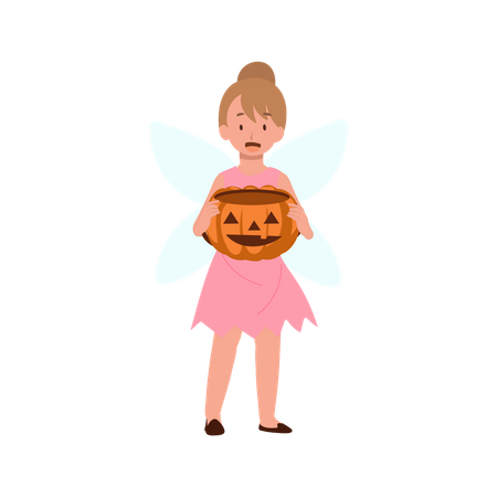 Little girl in Halloween fairy dress costume with pumpkin bucket  Illustration