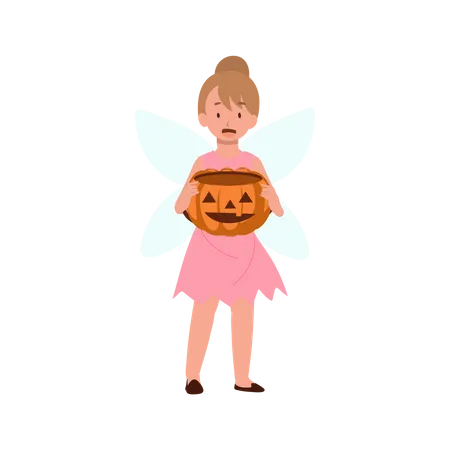 Little girl in Halloween fairy dress costume with pumpkin bucket  Illustration