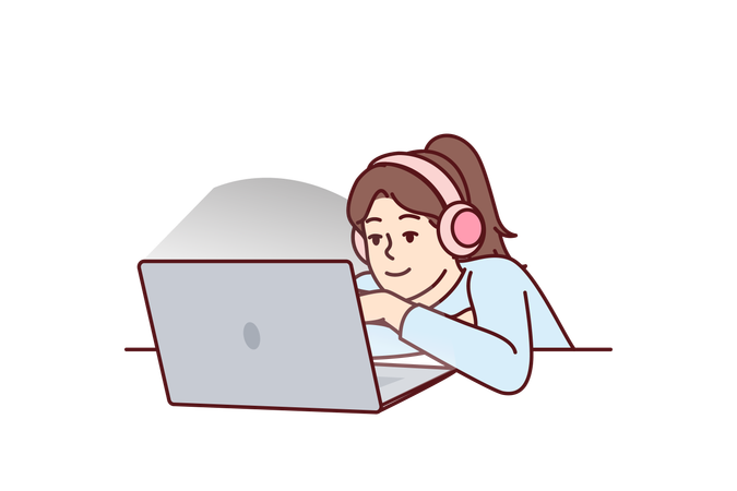 Little girl in headphones uses laptop watching children series  Illustration