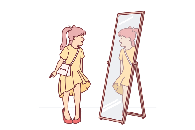Little girl in mom clothes looks in mirror trying on shoes  イラスト