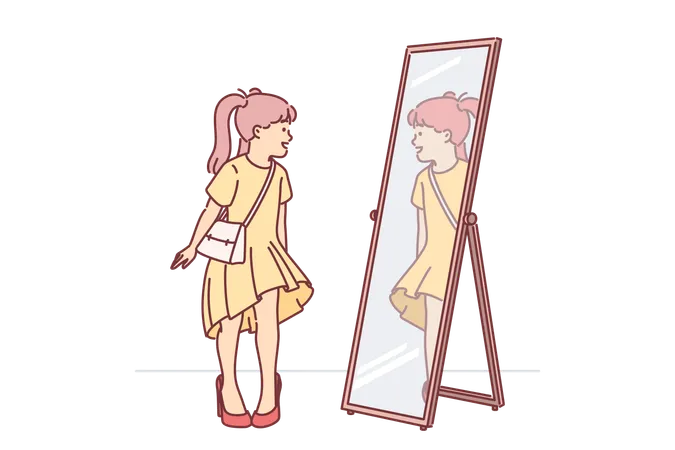 Little Girl In Mother Clothes Looks In Mirror Trying On Big Shoes With Heel And Trying To Seem Like Adult Funny Girl For Concept Of Parental Happiness Or Positive Emotions From Having Daughter Or Son Illustration