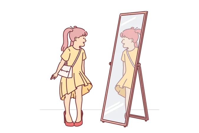 Little girl in mom clothes looks in mirror trying on shoes  Illustration