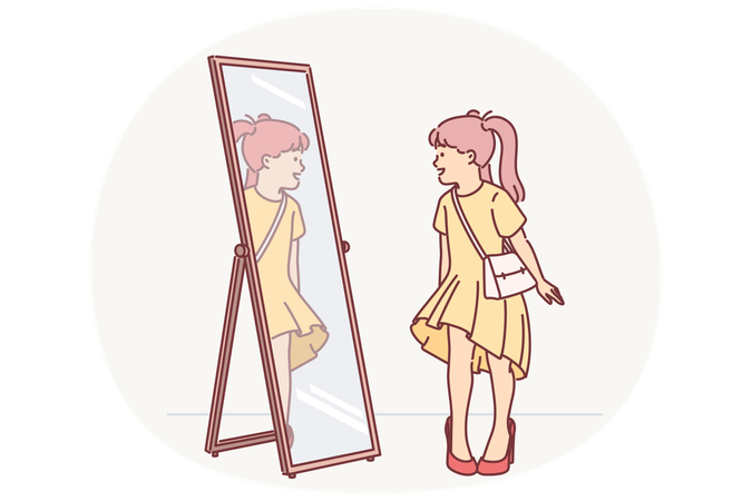 Little girl in mom clothes looks in mirror trying on shoes with heel and trying to seem like adult  Illustration