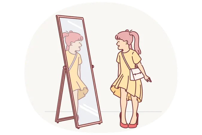 Little girl in mom clothes looks in mirror trying on shoes with heel and trying to seem like adult  Illustration