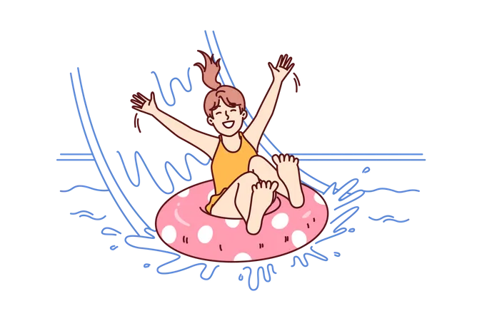 Little girl in pool floats on inflatable ring and enjoys visiting aqua park in sunny summer weather  Illustration