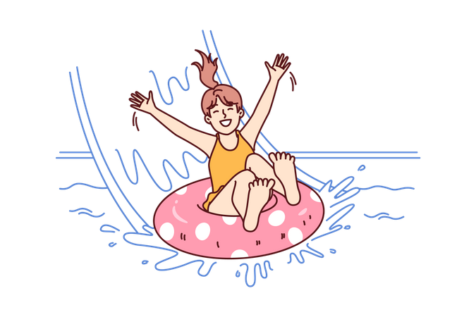 Little girl in pool floats on inflatable ring and enjoys visiting aqua park in sunny summer weather  Illustration