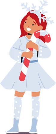 Little Girl In Snowflake Costume and Holding Candy Cane Illustration