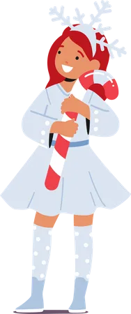 Little Girl In Snowflake Costume and Holding Candy Cane  Illustration