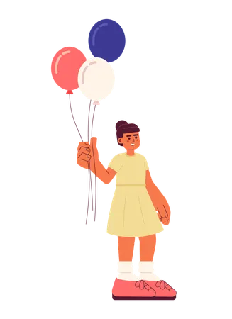 Little Girl In Summer Dress Holding Balloons Semi Flat Colorful Vector Character US National Holiday Editable Full Body Person On White Simple Cartoon Spot Illustration For Web Graphic Design Illustration