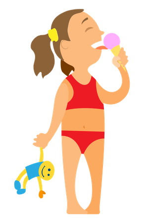 Little girl in swimsuit eating ice cream  Illustration