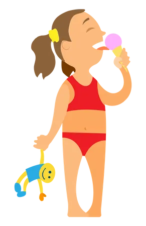 Little girl in swimsuit eating ice cream  Illustration