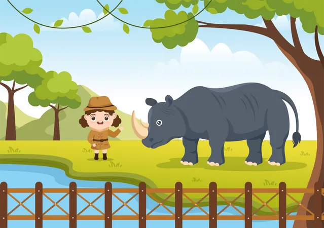 Little girl in zoo with rhino Illustration