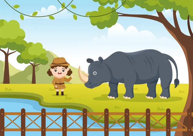 Little girl in zoo with rhino  Illustration