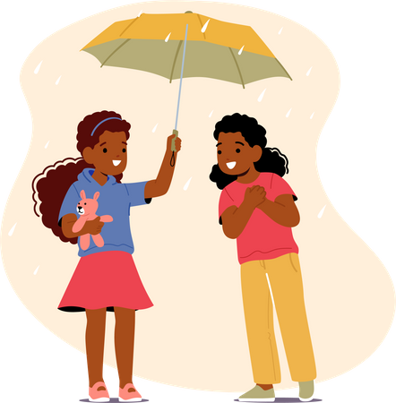 Little Girl Inviting Friend Under Umbrella  일러스트레이션