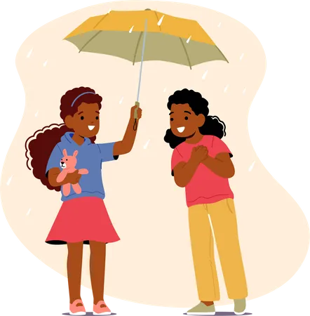 Little Girl Inviting Friend Under Umbrella Characters Warm Smile Shared Laughter Shelter From Rain Friendship Connection Joy And Protection Simple Gesture Cartoon People Vector Illustration Illustration