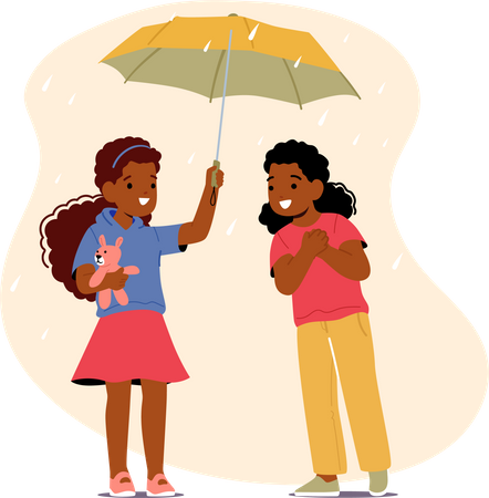 Little Girl Inviting Friend Under Umbrella  Illustration