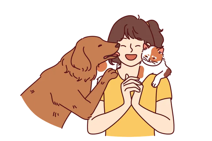 Little Girl With Pets Enjoys Communicating With Cat Sitting On Shoulder And Dog Licking Face Teenage Girl Laughs Rejoicing At Presence Of Pets And Makes Friends With Kitten And Puppy Illustration