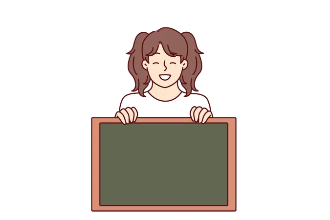 Little Girl Smiling Demonstrates Empty Chalkboard Designed For Applying Notifications Or Promotional Offers Preteen Girl With Advertising Chalkboard Advises To Pay Attention To Space For Text Illustration