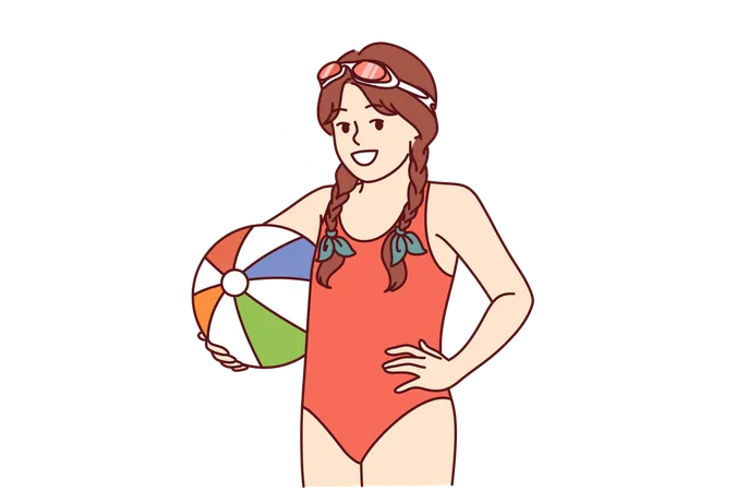 Little Girl With Water Volleyball Ball Is Dressed In Bathing Suit For Visiting Pool Or Beach Happy Child Rejoices At Opportunity To Visit Aqua Park And Leave Ball In Children Pool 일러스트레이션