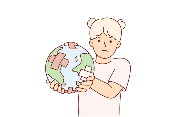 Little Girl Is Holding Globe With Band Aid Worrying About Eco Issues And Co 2 Carbon Dioxide Emissions Damaging Environment Child Eco Activist Calls To Pay Attention To Ecology Or Climate Change Illustration