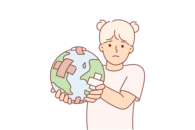 Little girl is holding globe with band-aid  Illustration