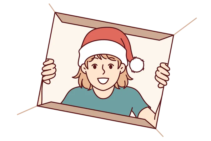 Little Girl Unpacks Christmas Gift And With Smile Looks Into Cardboard Box Presented By Santa Claus Happy Preteen Child Eagerly Opens Christmas Present From Parents Or Grandparents Illustration