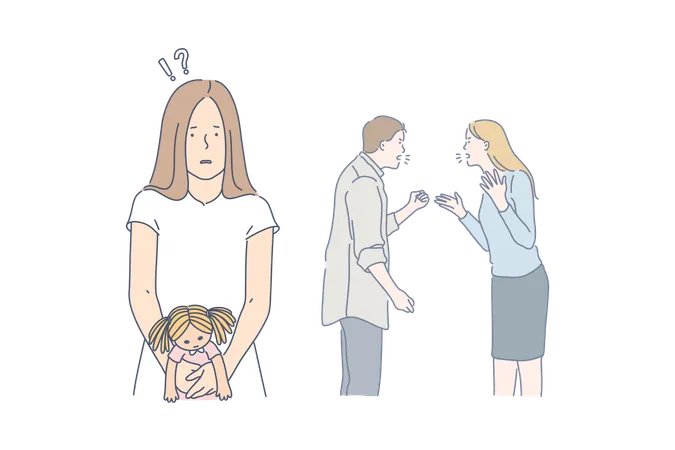Little girl is sad while her parents are quarreling  Illustration