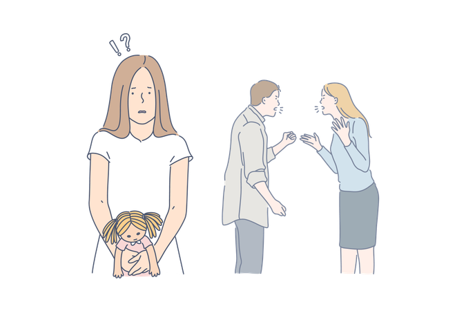 Little girl is sad while her parents are quarreling  Illustration