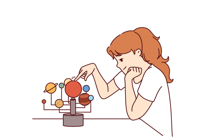 Little girl is studying solar system structure  イラスト