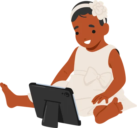 Curious Black Baby Girl Engages With A Tablet Pc Her Eyes Wide With Wonder As She Explores Colorful Screen Embracing Modern Technology With Innocence And Fascination Cartoon Vector Illustration Illustration