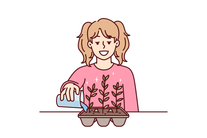 Little girl is watering plant in form of eggshell  Illustration