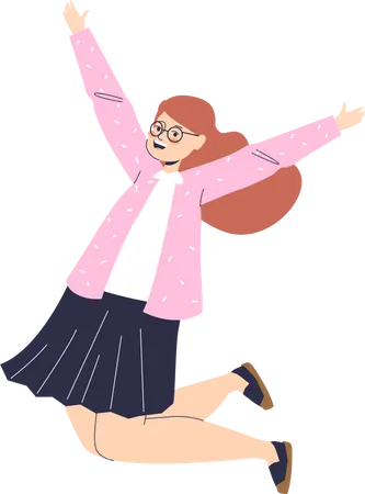 Happy Little Girl Jumping Up With Raised Hands Happy Preschool Or Schoolgirl Kid Joyful Smiling Isolated Over White Background Cartoon Flat Vector Illustration Illustration