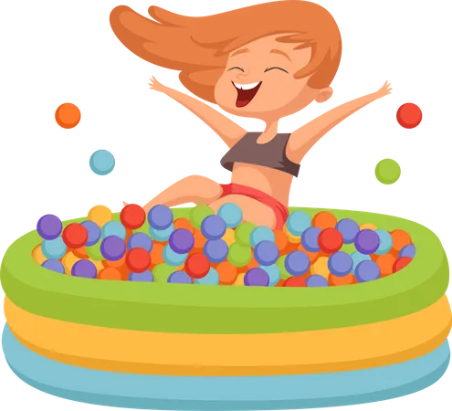 Little girl jumping in pool of balls Illustration