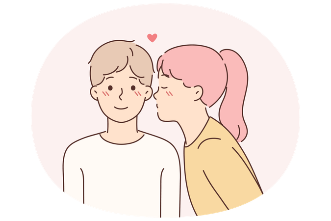Little girl kisses lover on cheek for concept of first childhood love for boy friend  Illustration