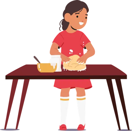 Charming Scene Unfolds As A Little Chef In Process Girl Character Kneads Dough With Tiny Hands Her Face Lit Up With Joy Creating Delicious Memories In The Kitchen Cartoon People Vector Illustration Illustration