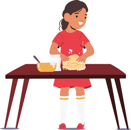 Little Girl Kneads Dough With Hands  Illustration