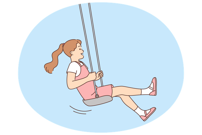 Little girl laughing swinging at swing and having fun for happy childhood  Illustration