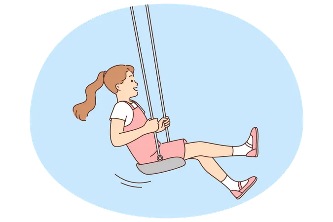 Little girl laughing swinging at swing and having fun for happy childhood  Illustration
