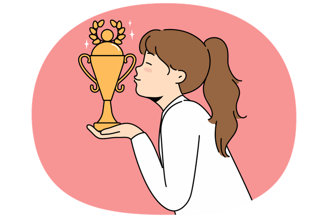 Little girl leader kisses golden cup won in school olympiad or sports competition  Illustration