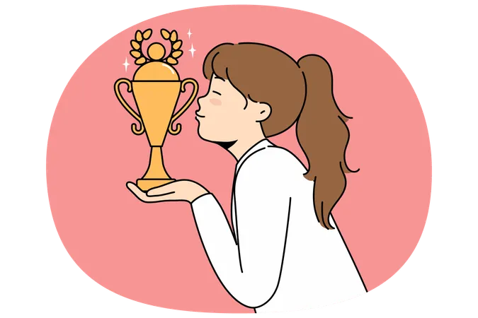 Little girl leader kisses golden cup won in school olympiad or sports competition  Illustration