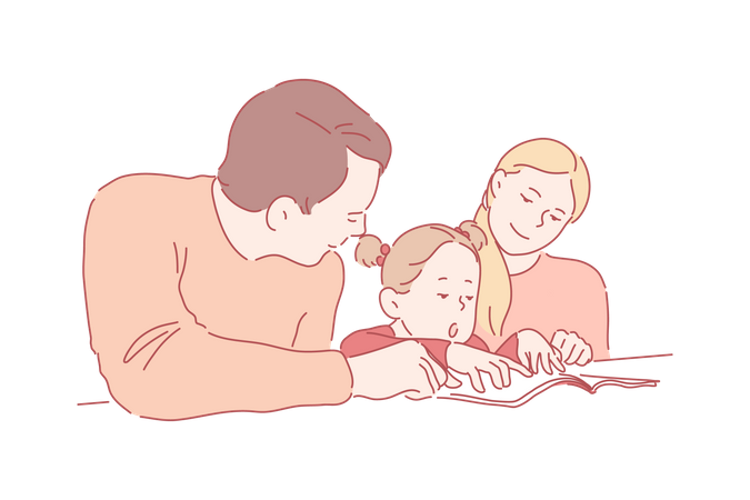 Little girl learns to read with young parents.  Illustration